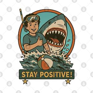 Graphic for Stay Positive – Retro Shark Attack Beach Vibes