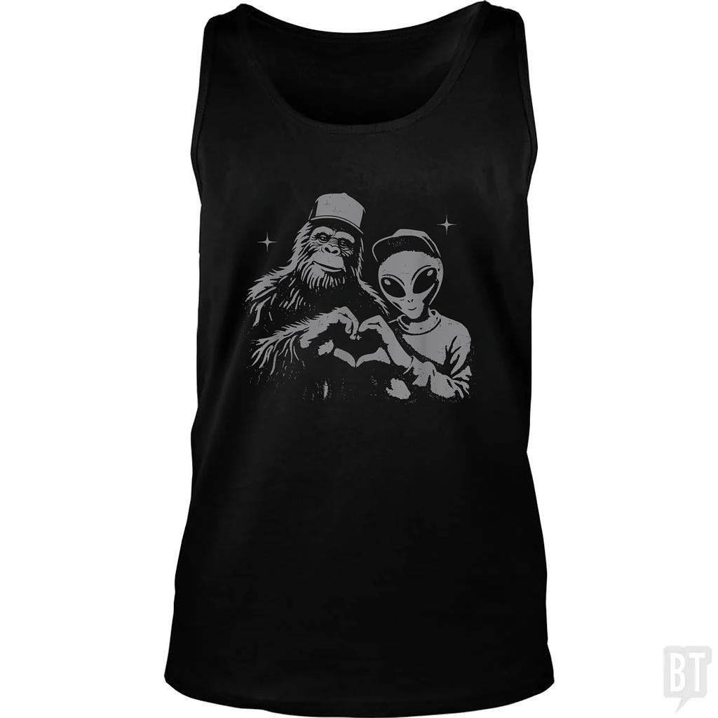 BustedTees: Bigfoot And Alien Tank Top