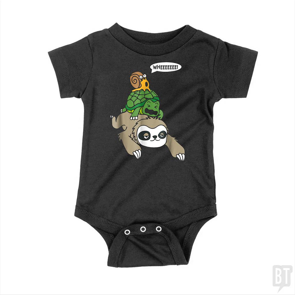 BustedTees: Funny Snail Ridding Turtle Ridding Sloth Baby One-Piece